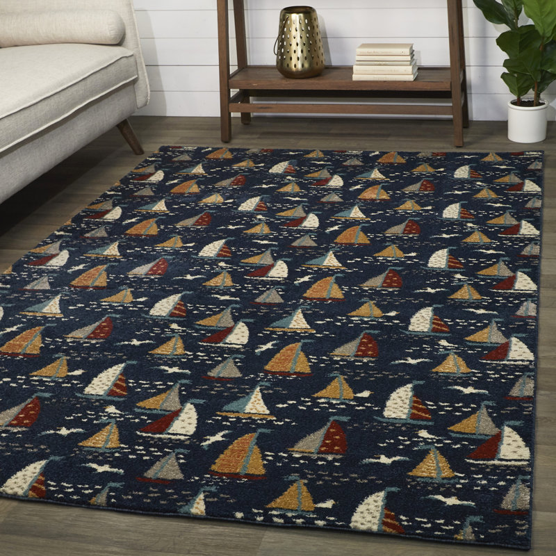 Longshore Tides Silva Power Loom Dark Blue/Orange Rug Wayfair